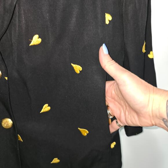 Vintage Marshall Rousso Blazer Black with Gold Embroidered Hearts 2 Button XS - Picture 9 of 9